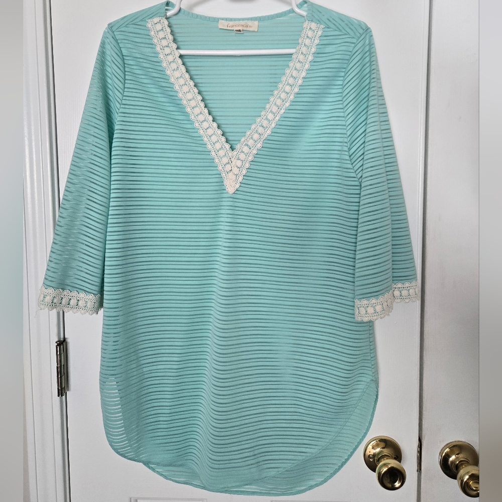 Francesca's Collections Teal Striped Sheer Tunic Swim Cover Up Top Size S/M